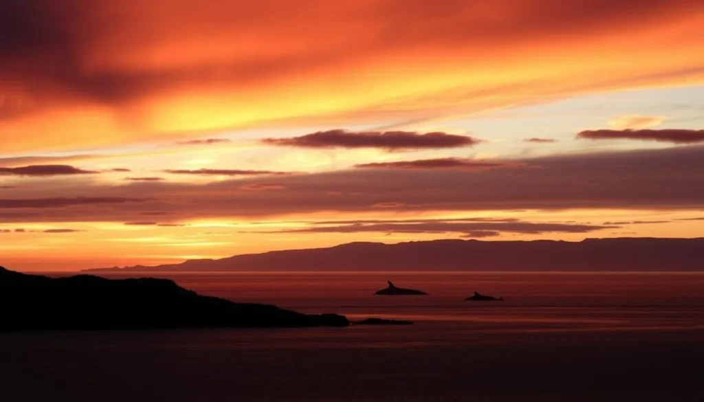 Sunset over Golfo Nuevo in Puerto Madryn with silhouettes of whales visible in the water Sunset over Golfo Nuevo in Puerto Madryn with silhouettes of whales visible in the water