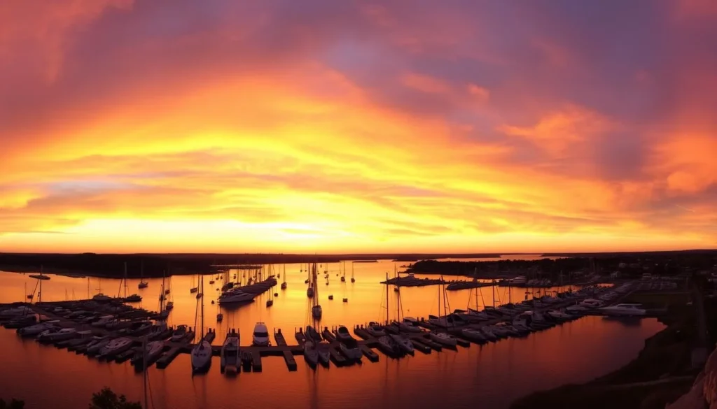 Sunset over Greenwich Bay in Warwick, Rhode Island with boats in the harbor
