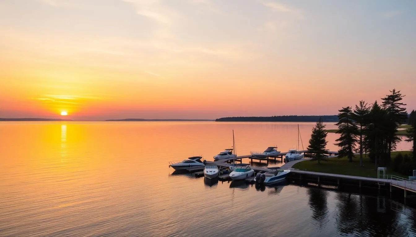Sunset over Gull Lake, Minnesota with boats docked at a wooden pier