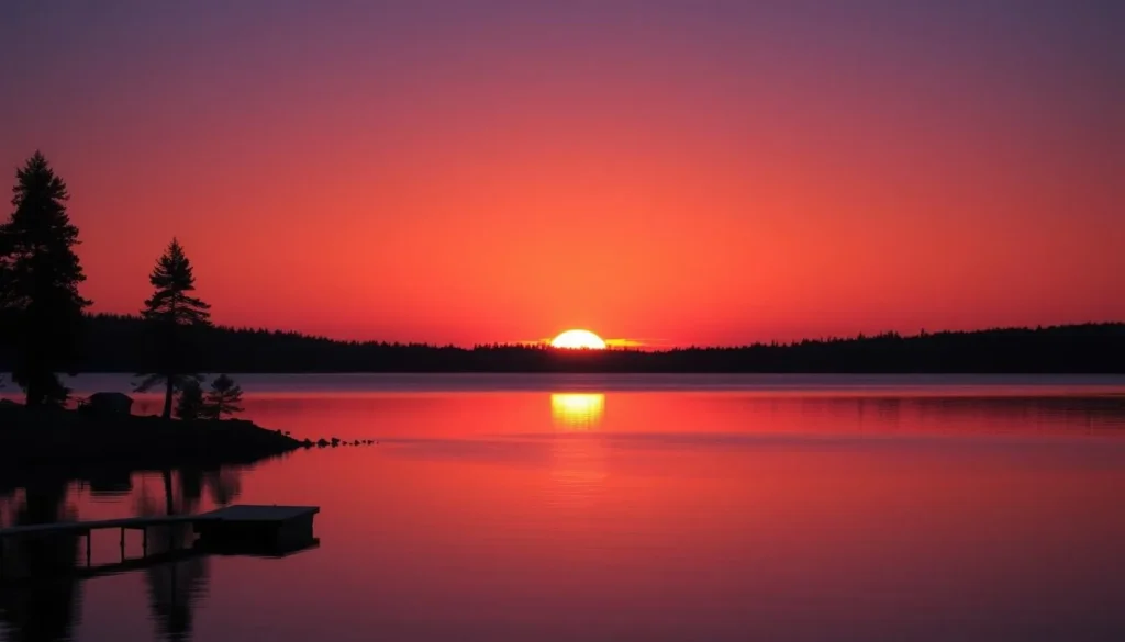 Sunset over Gunflint Lake with silhouettes of pine trees Sunset over Gunflint Lake with silhouettes of pine trees