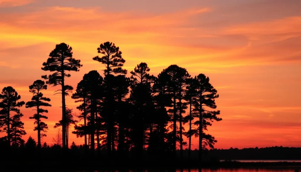 Sunset over Holmes County, Florida with silhouettes of pine trees and reflections on a peaceful lake Sunset over Holmes County, Florida with silhouettes of pine trees and reflections on a peaceful lake
