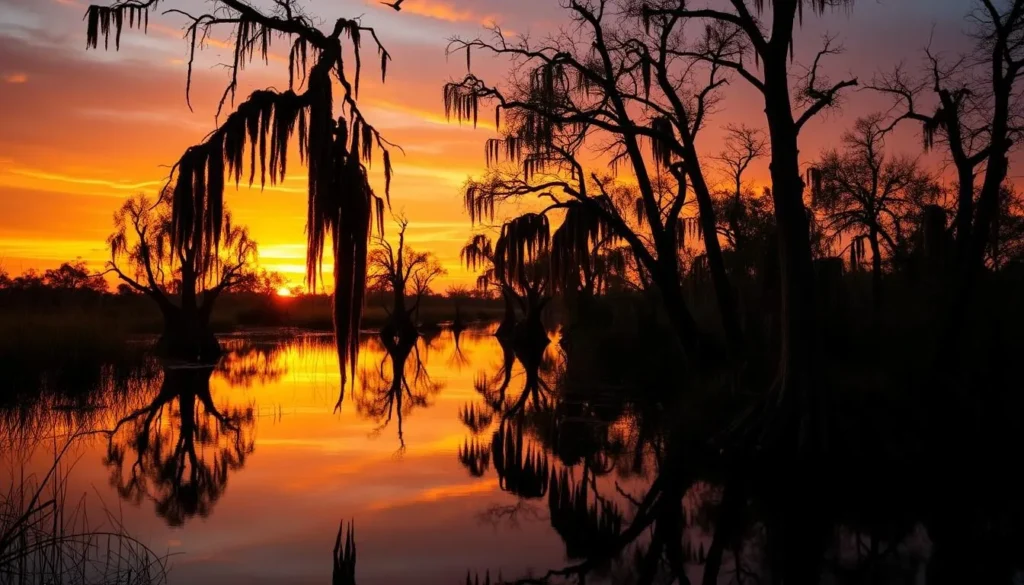 Sunset over Houma bayou with silhouetted cypress trees and calm water Sunset over Houma bayou with silhouetted cypress trees and calm water