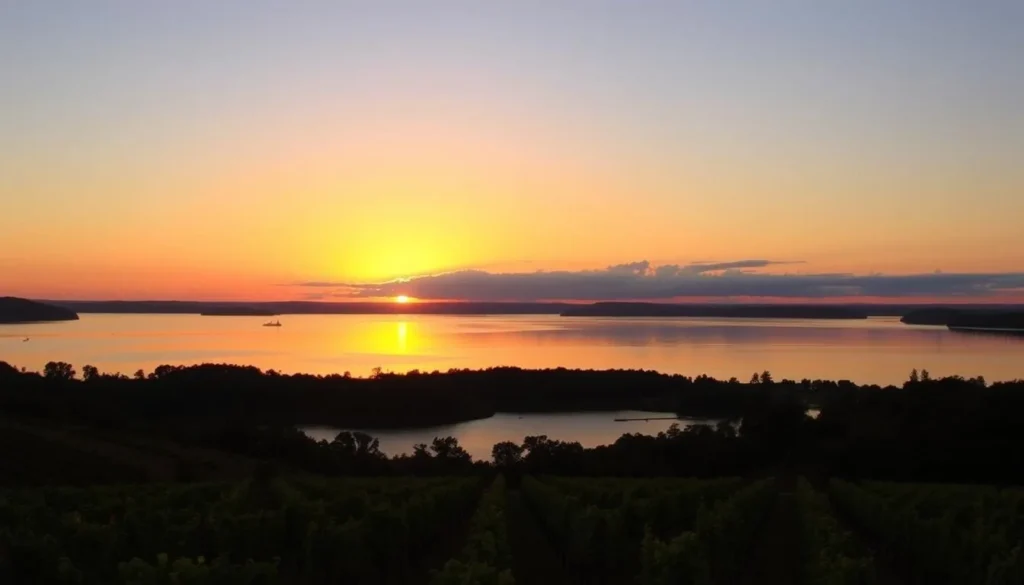 Sunset over Keuka Lake in Steuben County with boats and vineyards Sunset over Keuka Lake in Steuben County with boats and vineyards
