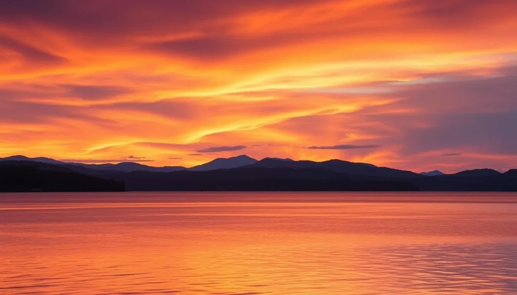 Sunset over Lake Champlain with Adirondack Mountains silhouette in Clinton County, New York Sunset over Lake Champlain with Adirondack Mountains silhouette in Clinton County, New York