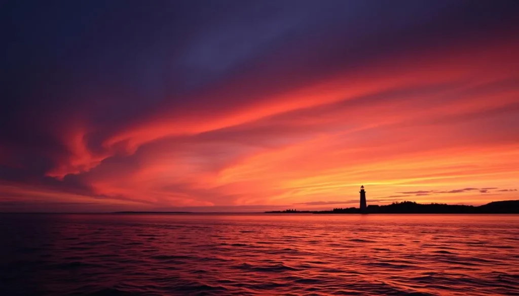 Sunset over Lake Erie with silhouette of Marblehead Lighthouse, Lake Erie Islands Ohio Sunset over Lake Erie with silhouette of Marblehead Lighthouse, Lake Erie Islands Ohio