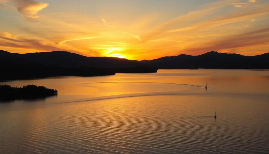 Sunset over Lake George with silhouettes of mountains and boats in Warren County, NY Sunset over Lake George with silhouettes of mountains and boats in Warren County, NY