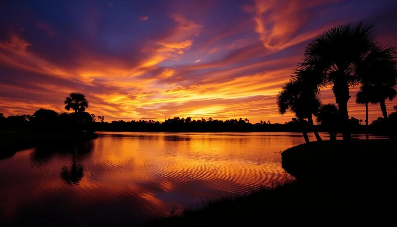 Sunset over Lake Harris in Lake County, Florida with orange and purple sky reflecting on calm water