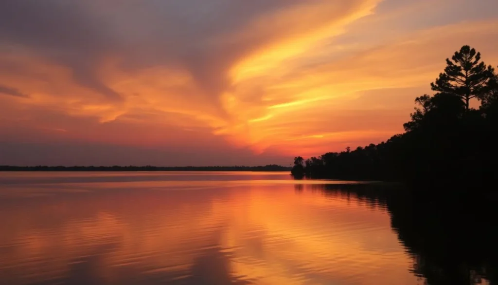 Sunset over Lake Jackson in Leon County Florida with silhouettes of cypress trees Sunset over Lake Jackson in Leon County Florida with silhouettes of cypress trees