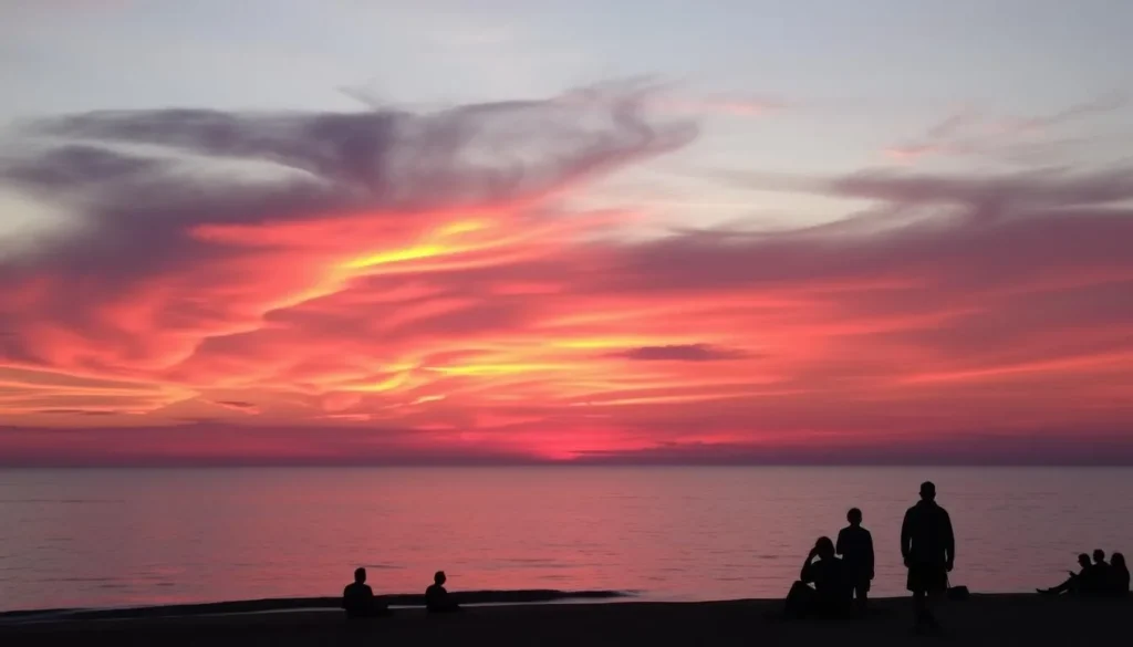 Sunset over Lake Michigan from Charlevoix beach with colorful sky and silhouettes of people enjoying the view Sunset over Lake Michigan from Charlevoix beach with colorful sky and silhouettes of people enjoying the view