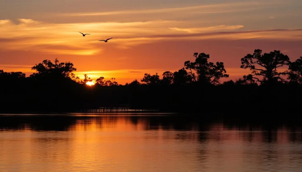 Sunset over Lake Monroe in Seminole County with silhouettes of cypress trees and birds flying Sunset over Lake Monroe in Seminole County with silhouettes of cypress trees and birds flying