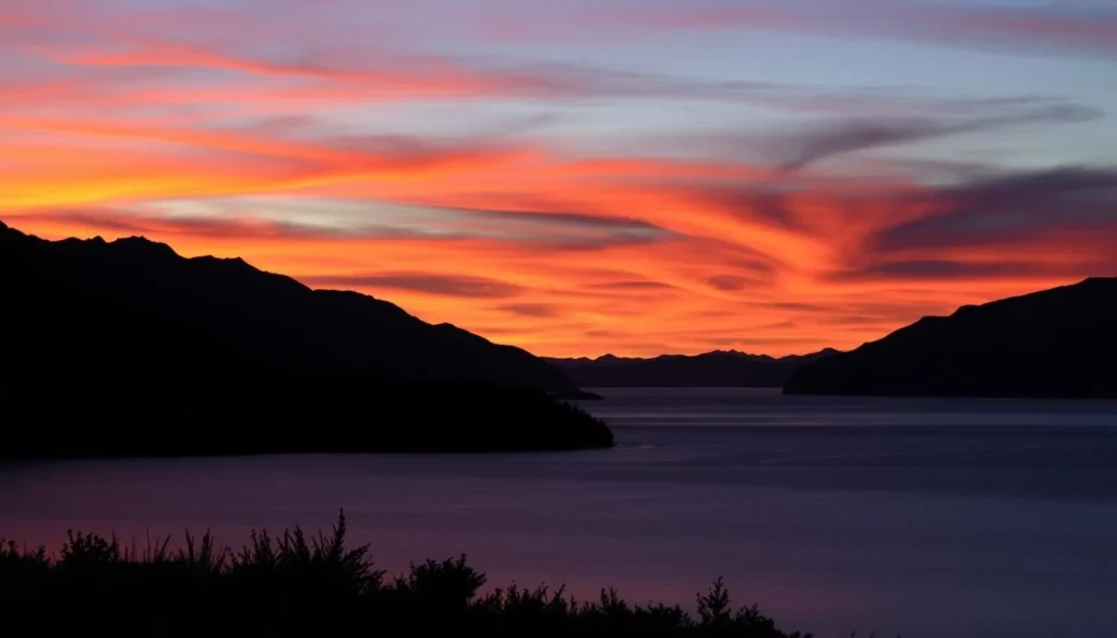 Sunset over Lake Nahuel Huapi with mountains silhouetted against an orange sky