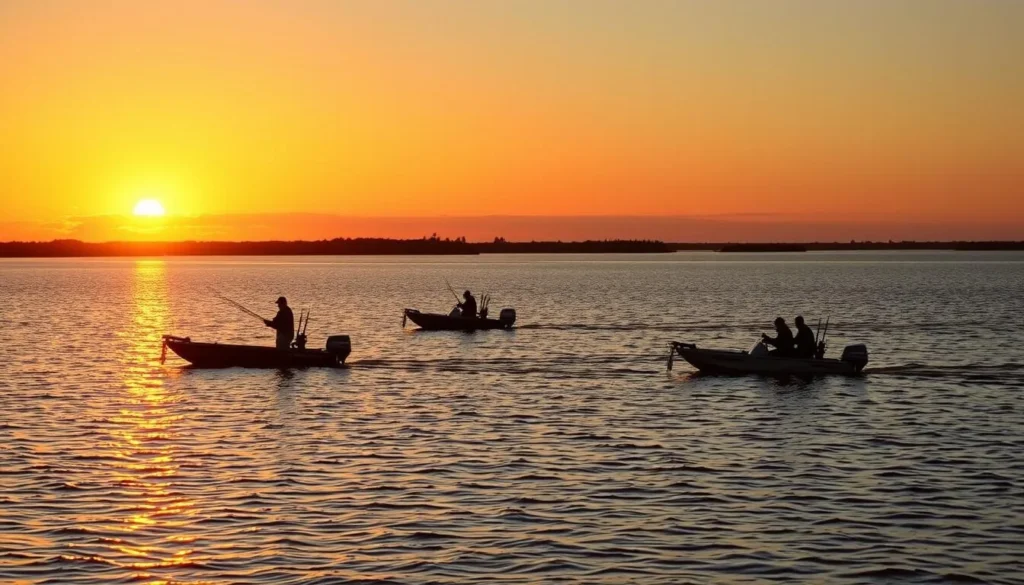 Sunset over Lake Okeechobee with fishermen in silhouette during winter season in Okeechobee County, Florida Sunset over Lake Okeechobee with fishermen in silhouette during winter season in Okeechobee County, Florida