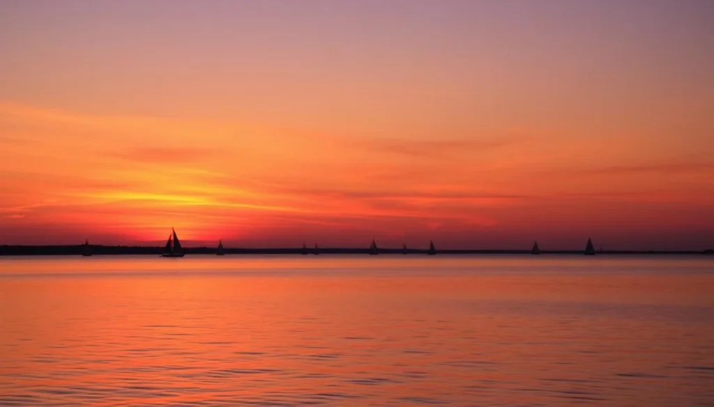Sunset over Lake Pontchartrain with silhouettes of sailboats on the water Sunset over Lake Pontchartrain with silhouettes of sailboats on the water
