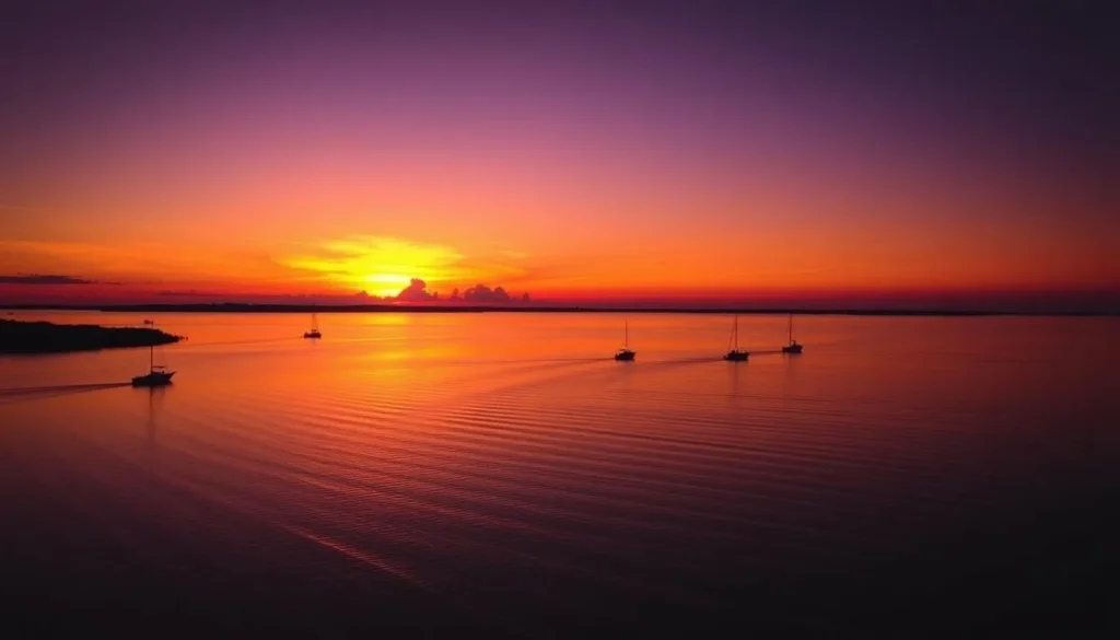Sunset over Lake Texoma, Oklahoma with boats silhouetted against the orange sky Sunset over Lake Texoma, Oklahoma with boats silhouetted against the orange sky