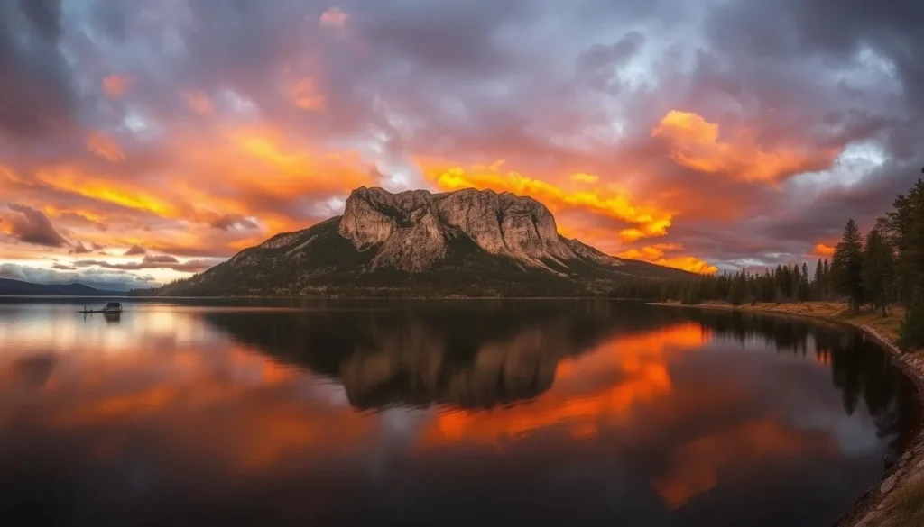 Sunset over Lake Willoughby with golden light illuminating the cliffs and reflecting on the water Sunset over Lake Willoughby with golden light illuminating the cliffs and reflecting on the water