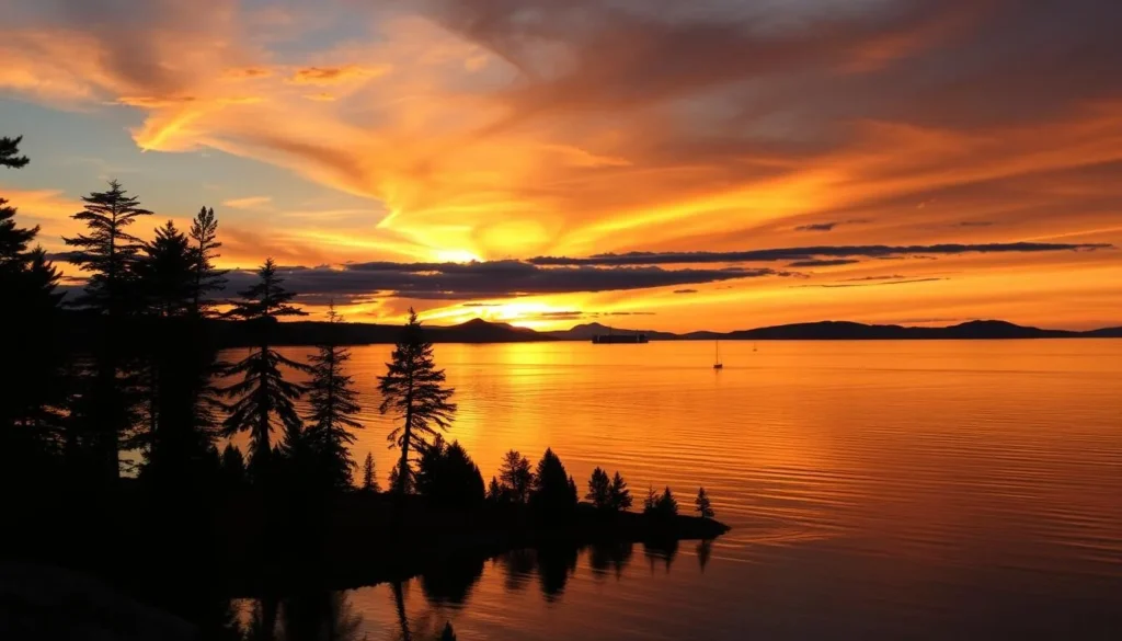Sunset over Lake Winnipesaukee with silhouettes of pine trees and mountains reflecting in the calm water Sunset over Lake Winnipesaukee with silhouettes of pine trees and mountains reflecting in the calm water