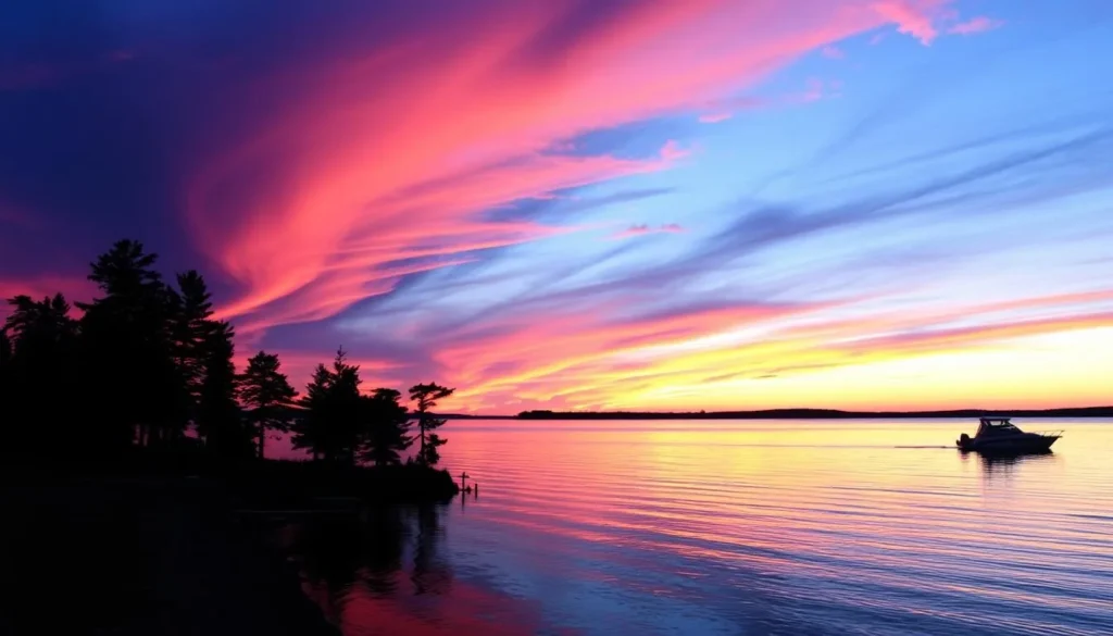 Sunset over Lake of the Woods Minnesota with silhouettes of pine trees Sunset over Lake of the Woods Minnesota with silhouettes of pine trees
