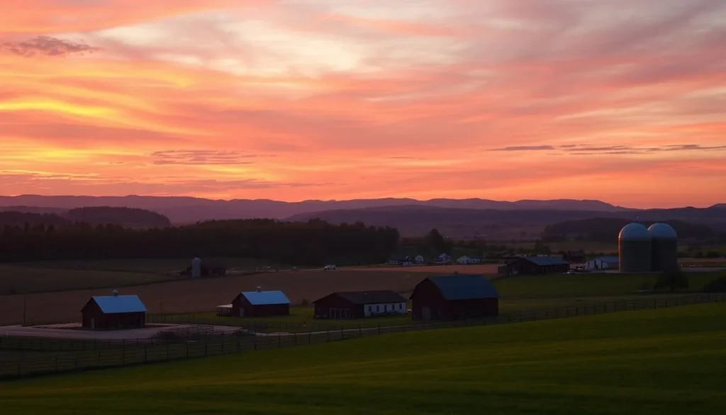 Sunset over Lancaster County farmland with silhouettes of barns and silos Sunset over Lancaster County farmland with silhouettes of barns and silos