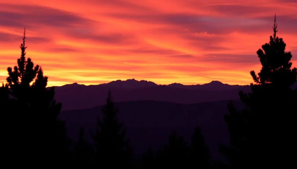 Sunset over Lassen Volcanic National Park showing silhouettes of pine trees against an orange and purple sky with volcanic peaks in the distance Sunset over Lassen Volcanic National Park showing silhouettes of pine trees against an orange and purple sky with volcanic peaks in the distance