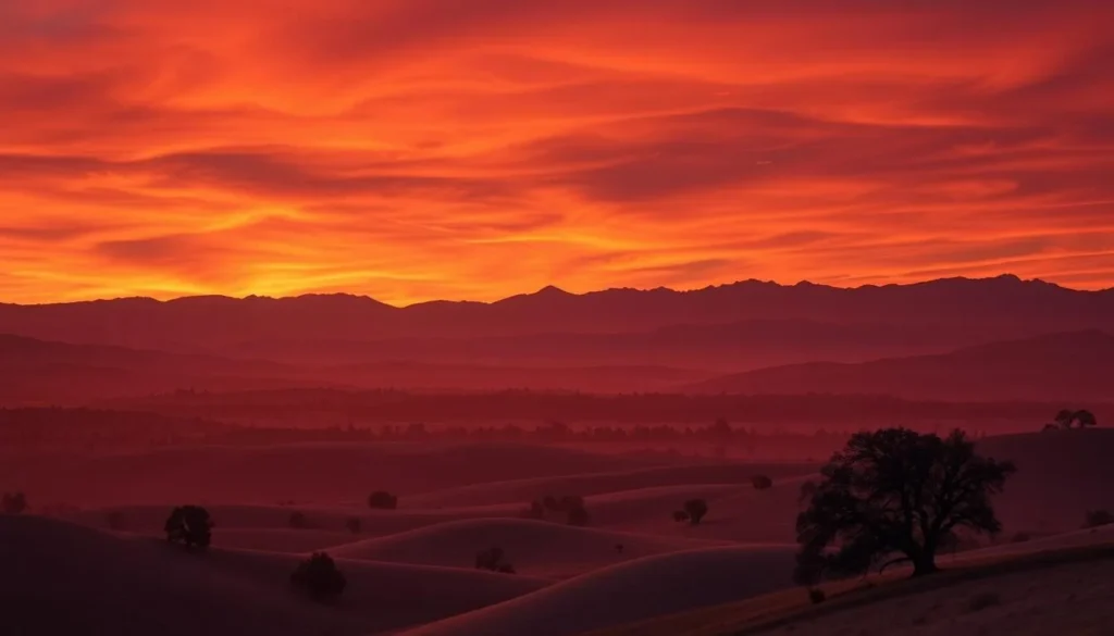Sunset over Mariposa County landscape with silhouetted mountains and colorful sky Sunset over Mariposa County landscape with silhouetted mountains and colorful sky