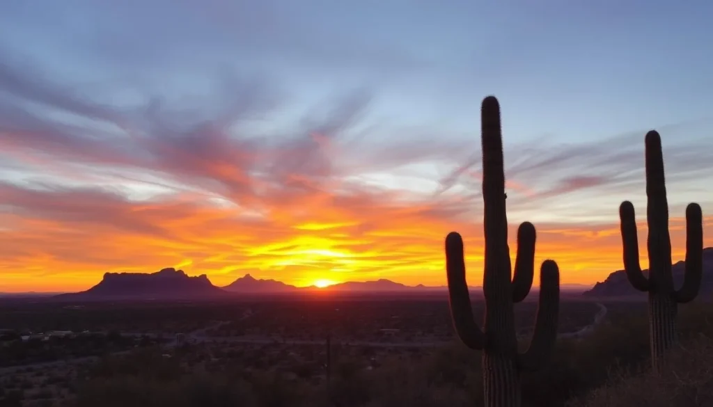 Sunset over Mesa with Superstition Mountains silhouette and desert landscape Sunset over Mesa with Superstition Mountains silhouette and desert landscape