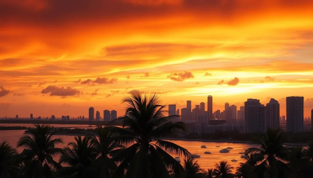 Sunset over Miami skyline with palm trees and Biscayne Bay Sunset over Miami skyline with palm trees and Biscayne Bay