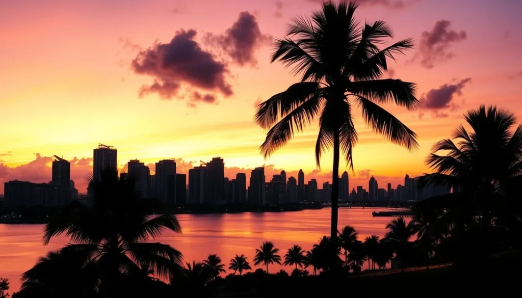 Sunset over Miami skyline with palm trees, capturing the magic of experiencing the best things to do in Miami Florida Sunset over Miami skyline with palm trees, capturing the magic of experiencing the best things to do in Miami Florida