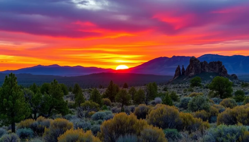 Sunset over Modoc County landscape with mountains silhouetted against colorful sky Sunset over Modoc County landscape with mountains silhouetted against colorful sky