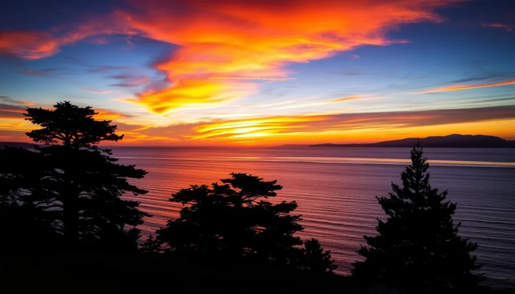 Sunset over Monterey Bay with silhouettes of cypress trees and golden light on water