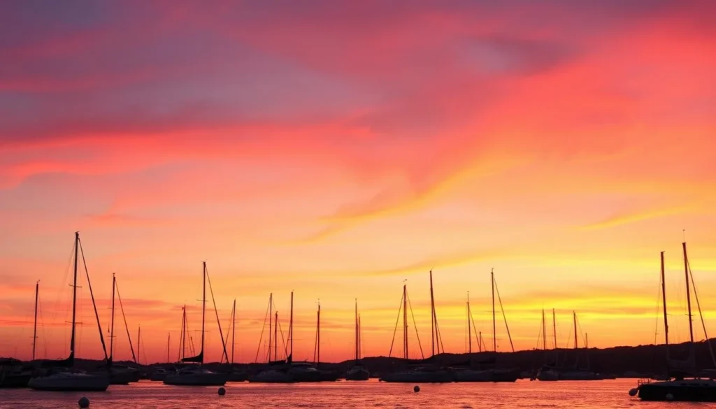 Sunset over Nantucket Harbor with sailboats silhouetted against orange sky Sunset over Nantucket Harbor with sailboats silhouetted against orange sky