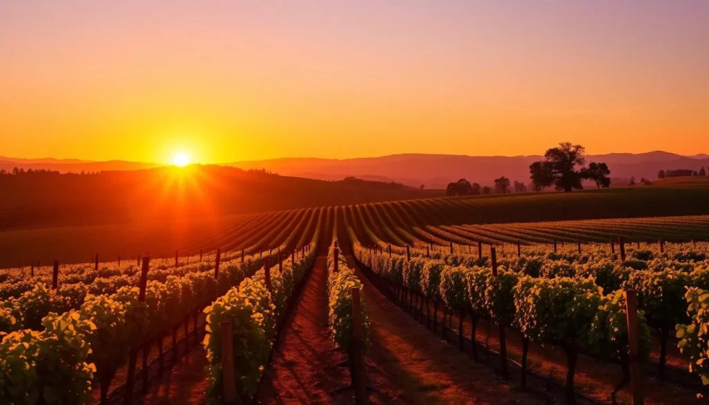 Sunset over Napa Valley vineyards with golden light illuminating the landscape Sunset over Napa Valley vineyards with golden light illuminating the landscape