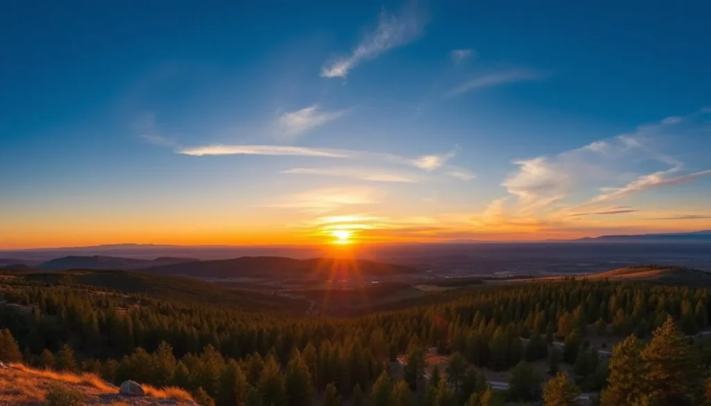 Sunset over Nevada County landscape with rolling hills, pine forests, and golden light Sunset over Nevada County landscape with rolling hills, pine forests, and golden light