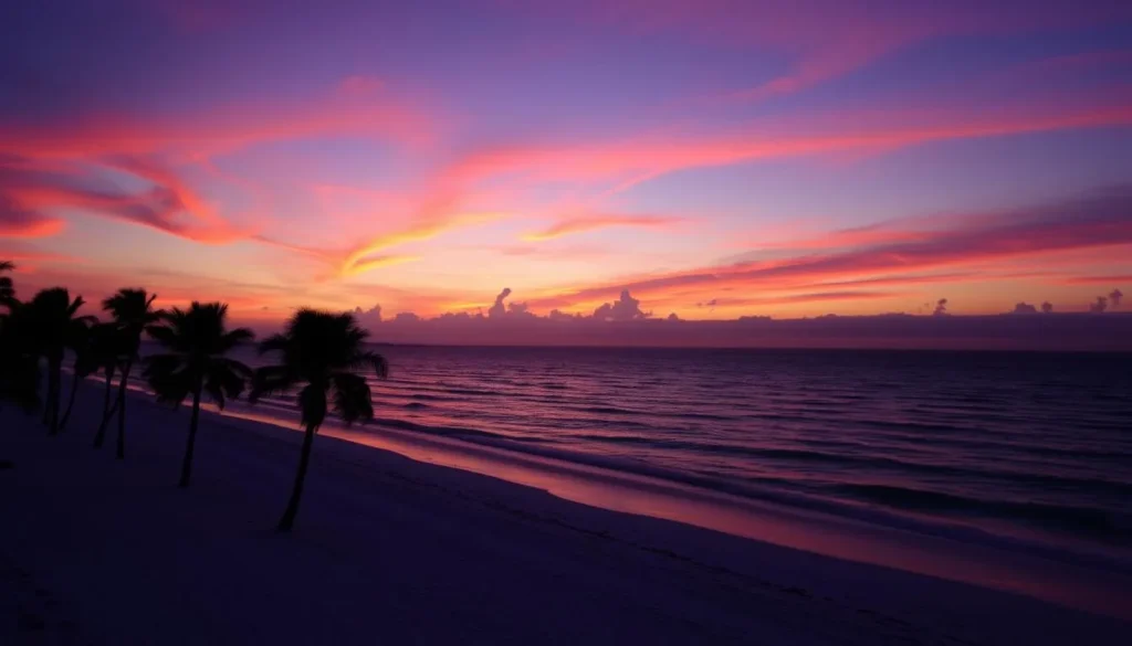 Sunset over Okaloosa County beach with palm trees silhouetted against orange sky Sunset over Okaloosa County beach with palm trees silhouetted against orange sky