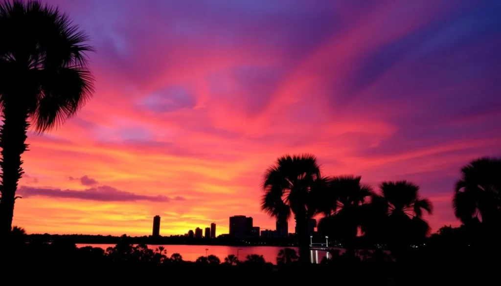 Sunset over Orange County Florida skyline with lakes and palm trees Sunset over Orange County Florida skyline with lakes and palm trees
