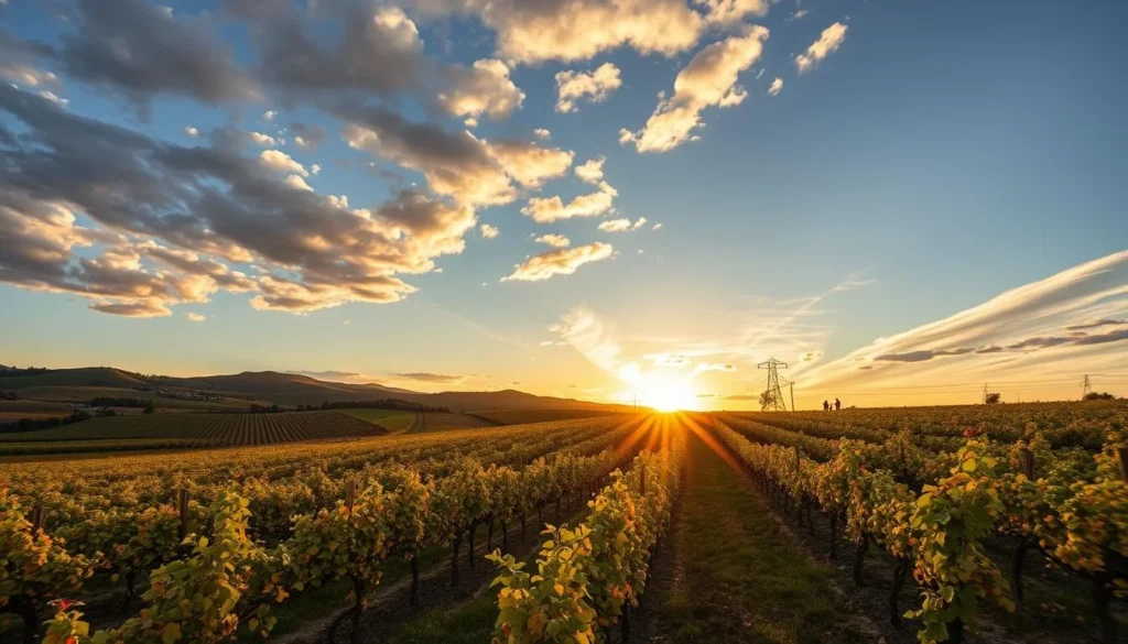 Sunset over Paso Robles vineyards during harvest season with golden light illuminating the vines Sunset over Paso Robles vineyards during harvest season with golden light illuminating the vines