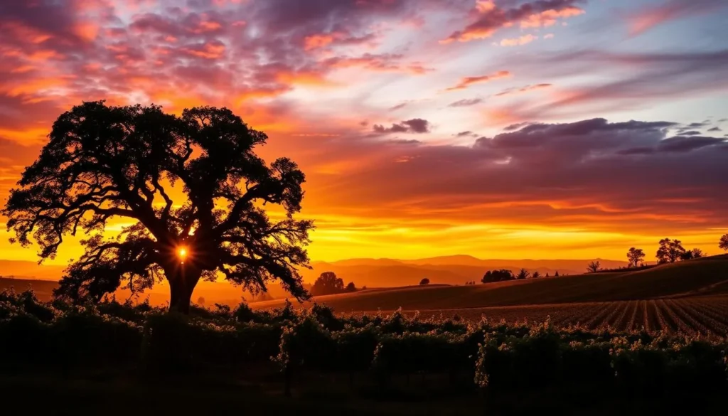 Sunset over Paso Robles vineyards with silhouettes of oak trees and mountains Sunset over Paso Robles vineyards with silhouettes of oak trees and mountains