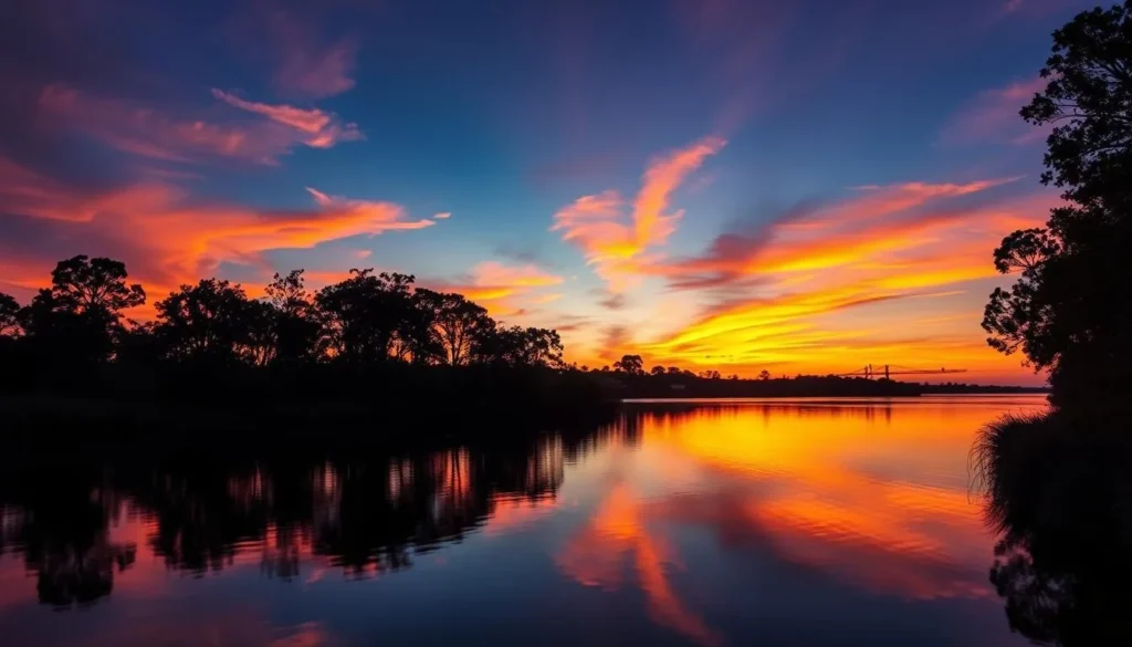 Sunset over Peace River in Hardee County Florida with silhouettes of cypress trees Sunset over Peace River in Hardee County Florida with silhouettes of cypress trees