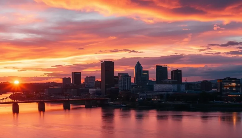 Sunset over Richmond skyline with James River reflecting golden light Sunset over Richmond skyline with James River reflecting golden light