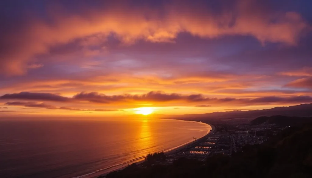 Sunset over Santa Barbara coastline with mountains, harbor, and city lights Sunset over Santa Barbara coastline with mountains, harbor, and city lights