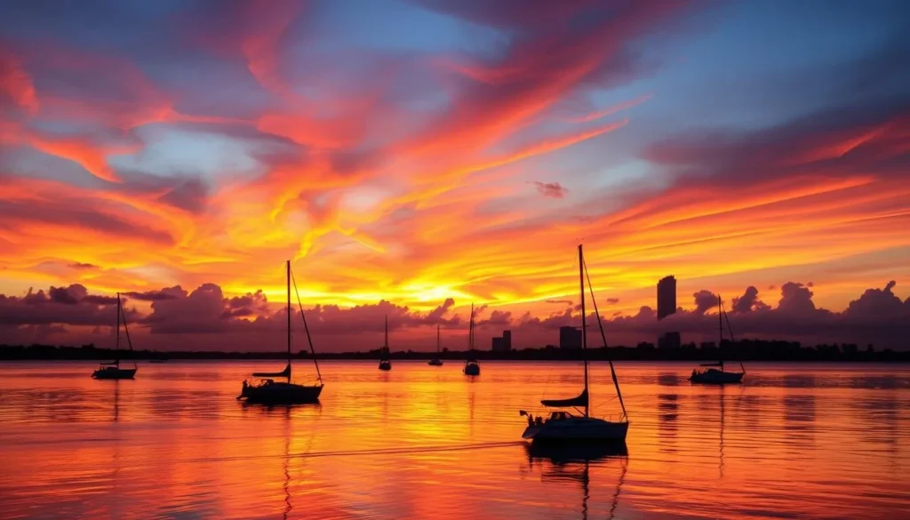 Sunset over Sarasota Bay with sailboats, the city skyline, and vibrant orange and purple sky