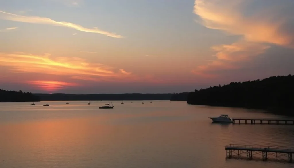 Sunset over Saratoga Lake with boats on the water Sunset over Saratoga Lake with boats on the water