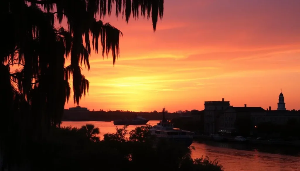 Sunset over Savannah River with historic waterfront buildings