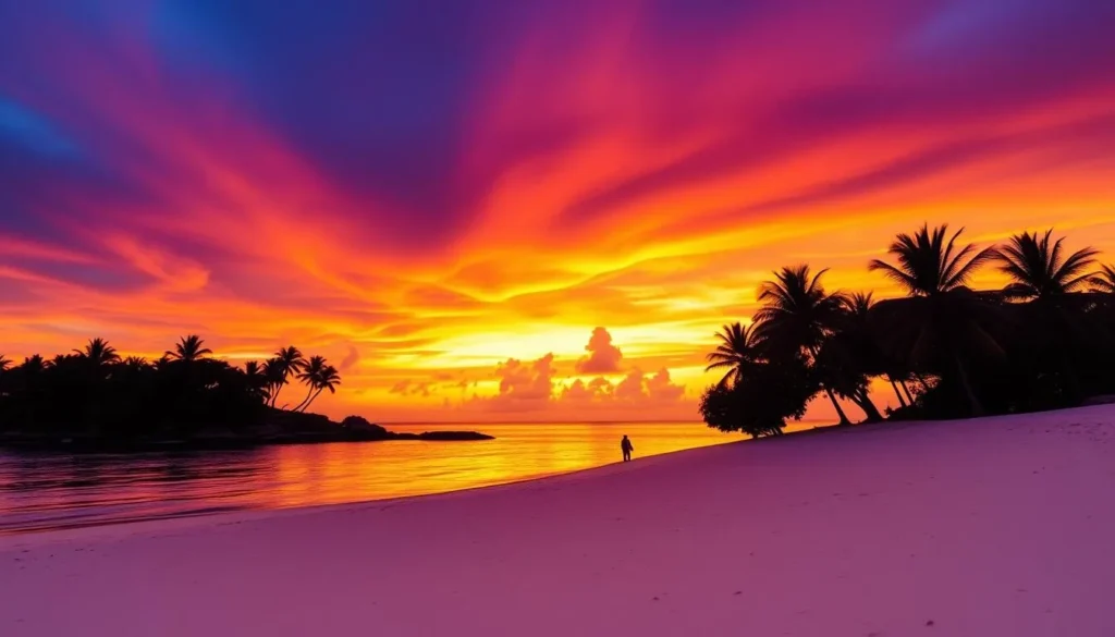 Sunset over Shoal Bay Beach with palm trees silhouetted against an orange and purple sky