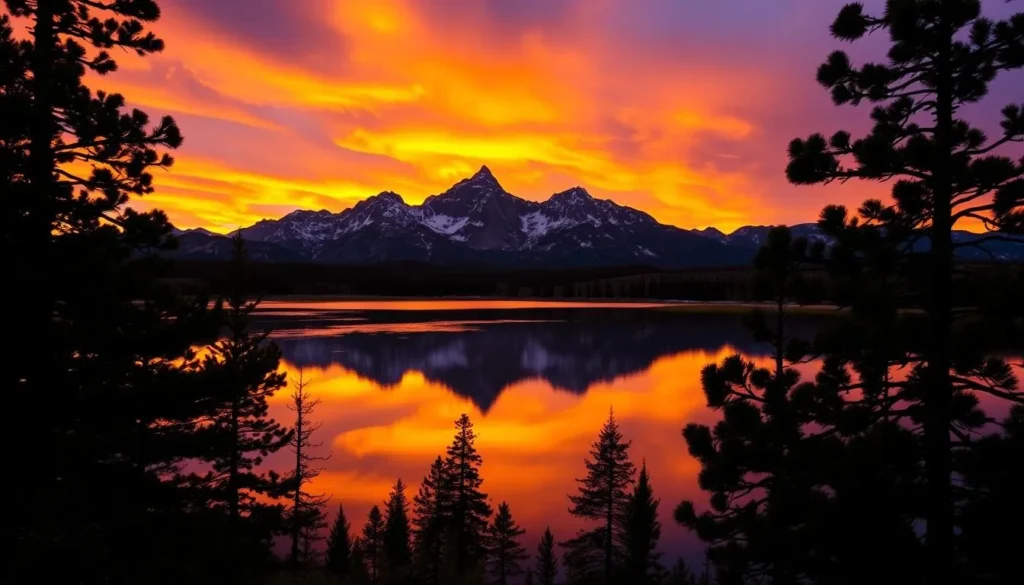 Sunset over Sierra Buttes with alpine lake reflection and golden light Sunset over Sierra Buttes with alpine lake reflection and golden light