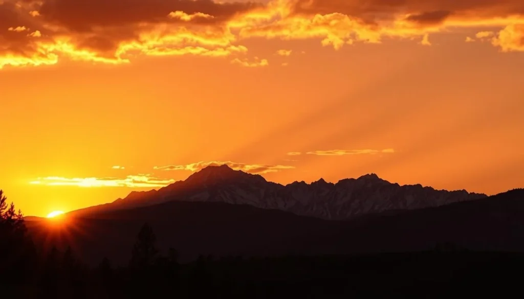 Sunset over Sierra Nevada mountains with forest in foreground, Madera County, California Sunset over Sierra Nevada mountains with forest in foreground, Madera County, California