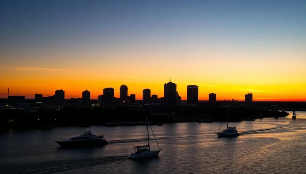 Sunset over St. Johns River with Jacksonville skyline in Duval County, Florida