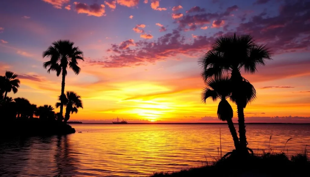 Sunset over St. Joseph Bay in Gulf County Florida with silhouettes of palm trees Sunset over St. Joseph Bay in Gulf County Florida with silhouettes of palm trees