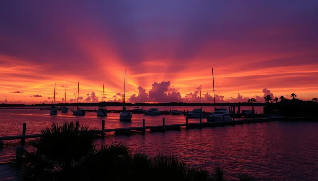 Sunset over St. Lucie Inlet with boats silhouetted against colorful sky Sunset over St. Lucie Inlet with boats silhouetted against colorful sky