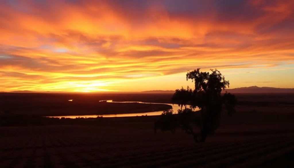Sunset over Tehama County, California showing mountains, agricultural fields, and the Sacramento River Sunset over Tehama County, California showing mountains, agricultural fields, and the Sacramento River