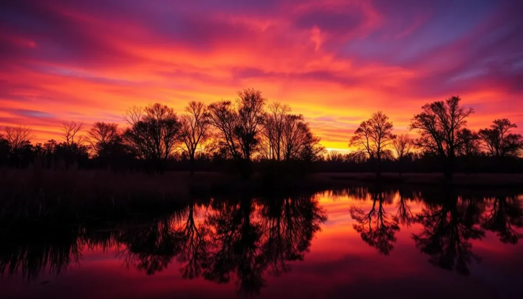 Sunset over Trap Pond in Bethel, Delaware with silhouettes of cypress trees reflected in the water Sunset over Trap Pond in Bethel, Delaware with silhouettes of cypress trees reflected in the water